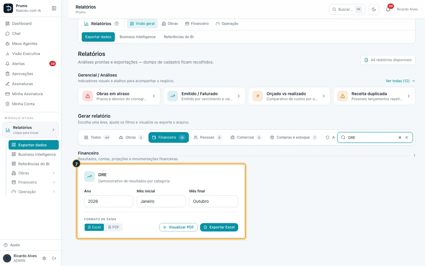 Passo 7 — Cada relatório é um cartão com seus filtros. No DRE, escolha o Ano e os meses inicial e final.