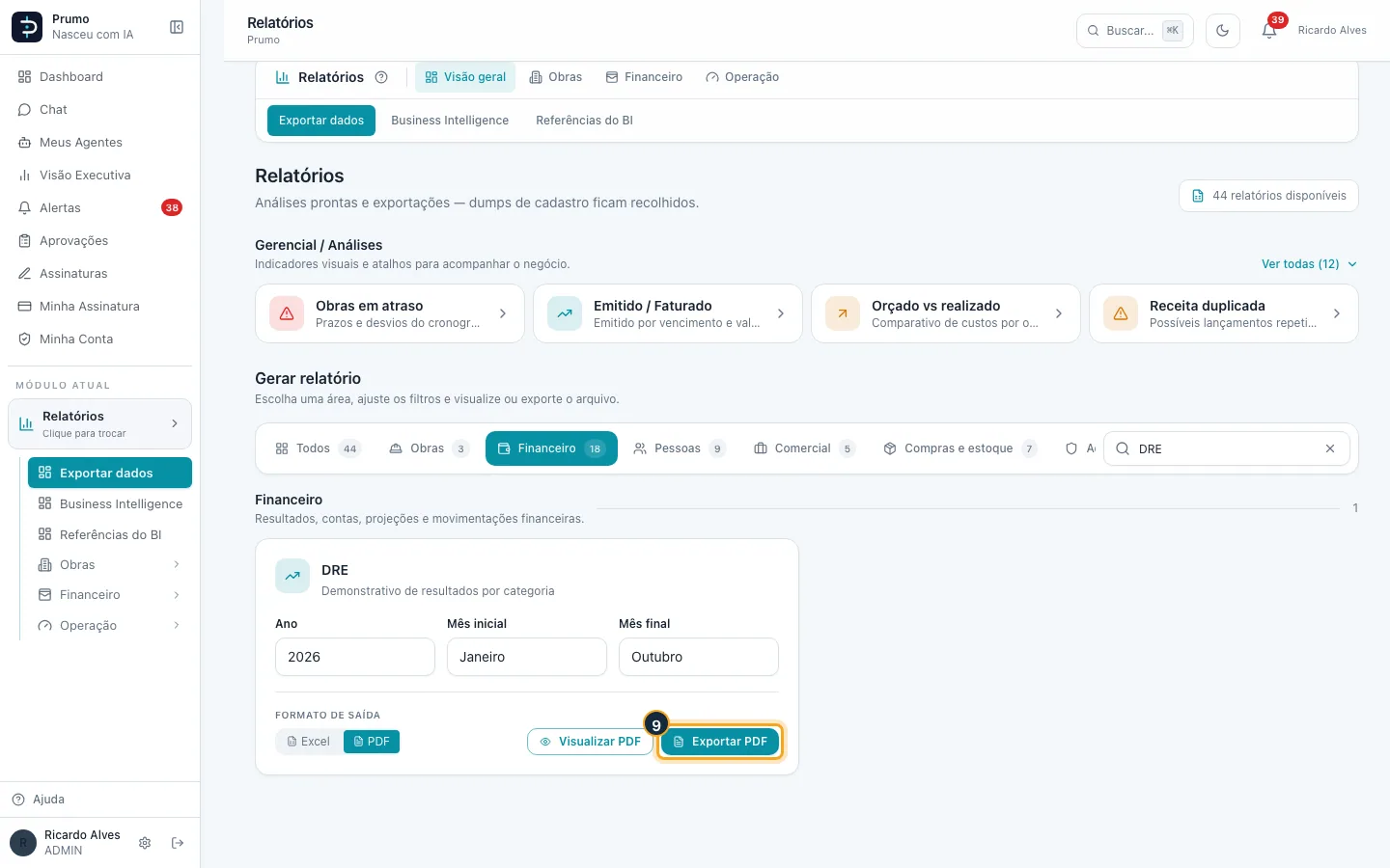 Passo 9 — Clique em “Exportar PDF” para baixar o arquivo. “Visualizar PDF” abre o PDF numa nova aba, sem baixar.