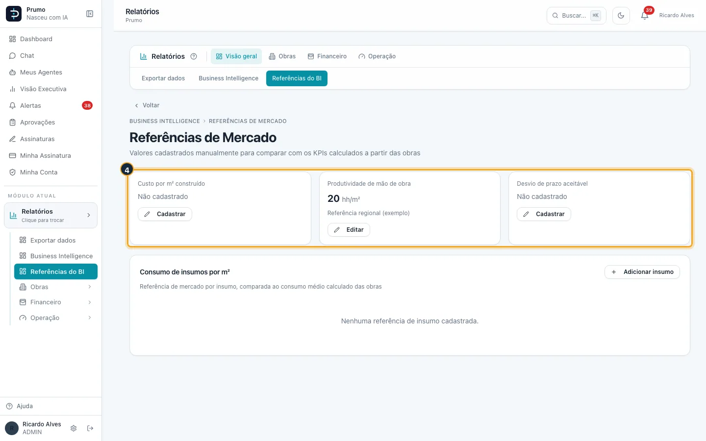 Passo 4 — Os três cartões do alto guardam as referências únicas: custo por m² construído, produtividade da mão de obra e desvio de prazo aceitável.