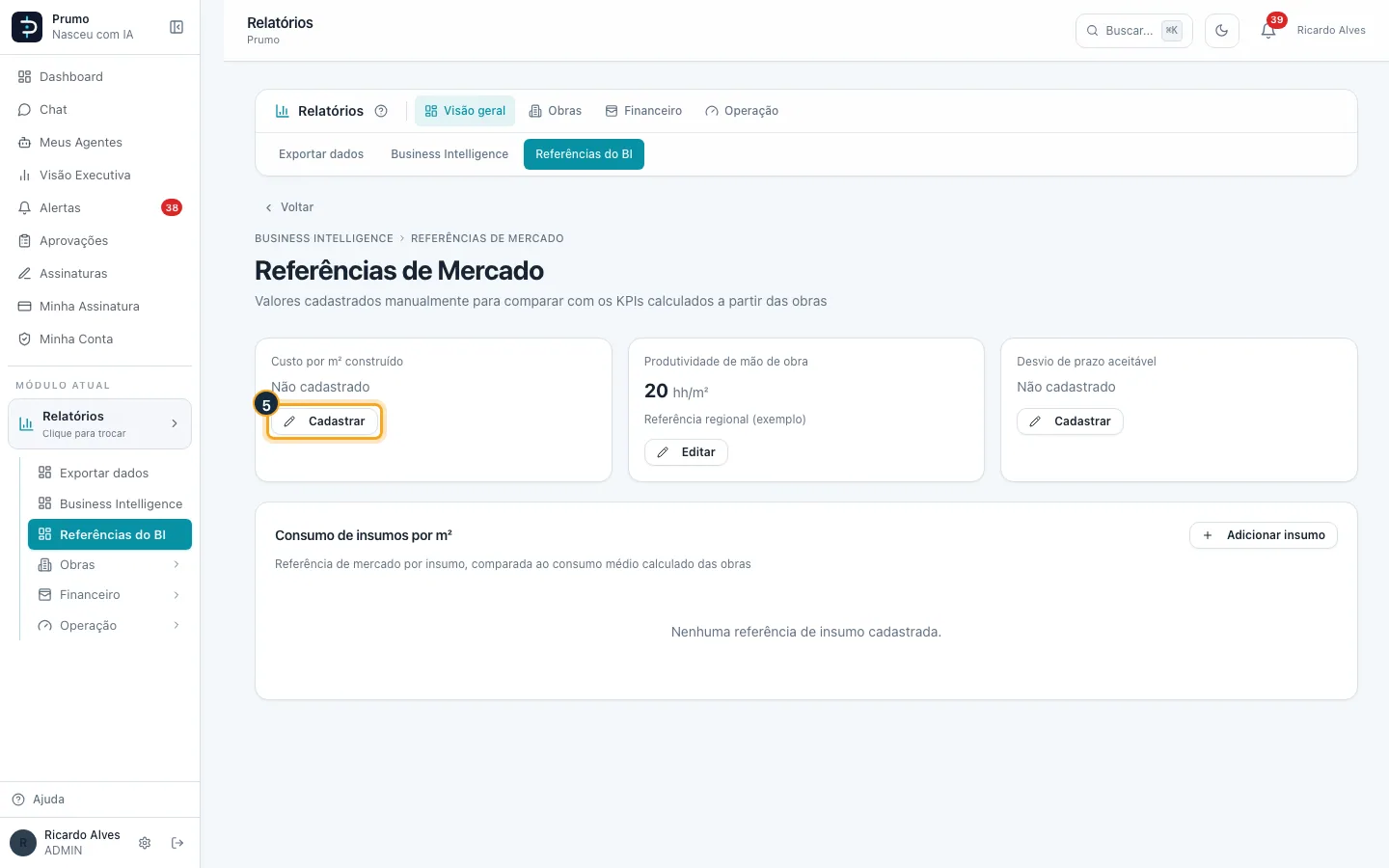 Passo 5 — No cartão “Custo por m² construído”, clique em “Cadastrar”.