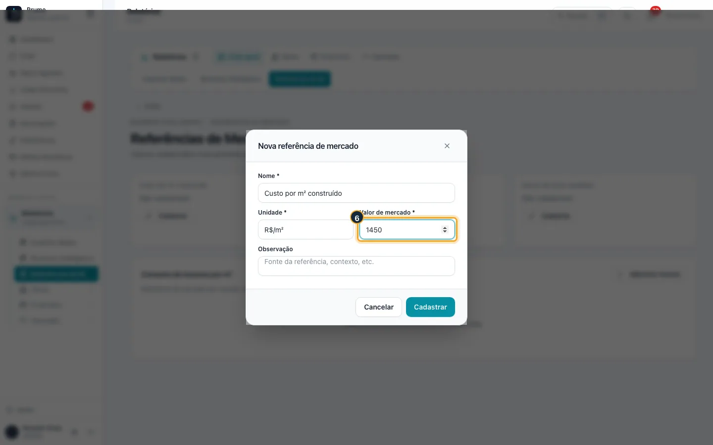 Passo 6 — Informe o “Valor de mercado” e, se quiser, a fonte em “Observação”.