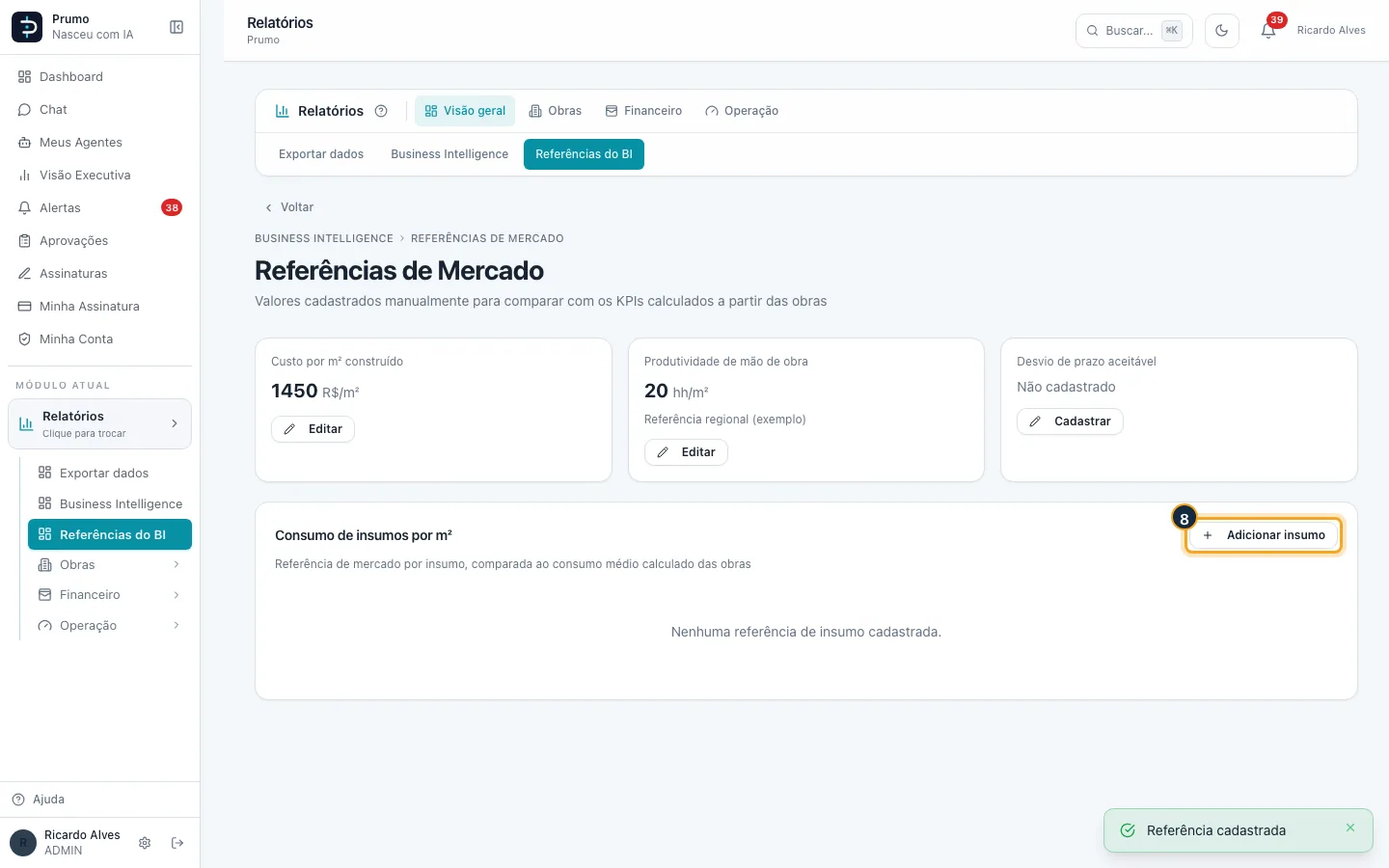 Passo 8 — Para comparar o consumo de um insumo, clique em “Adicionar insumo”.