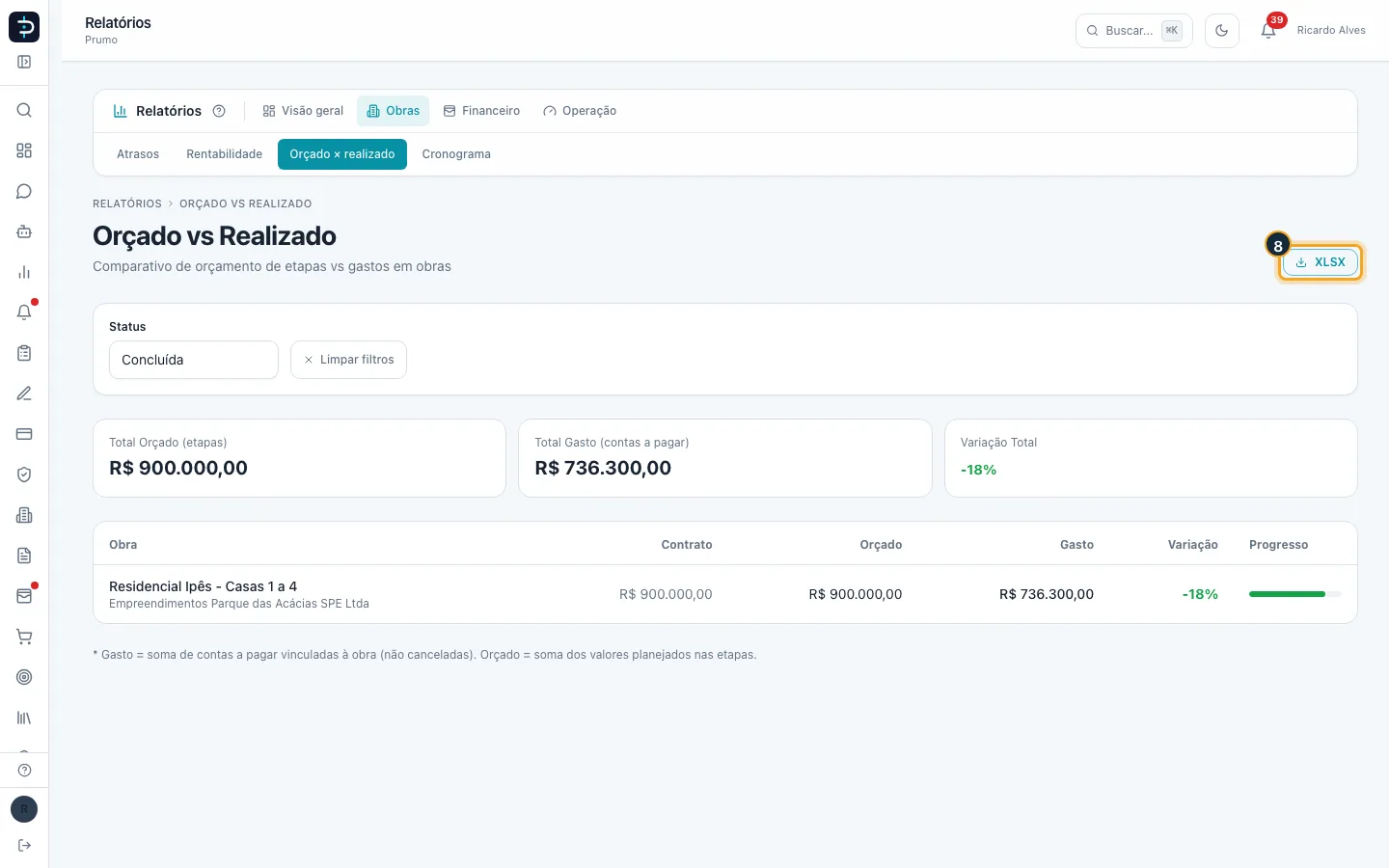Passo 8 — Clique em “XLSX” para baixar a comparação em Excel.