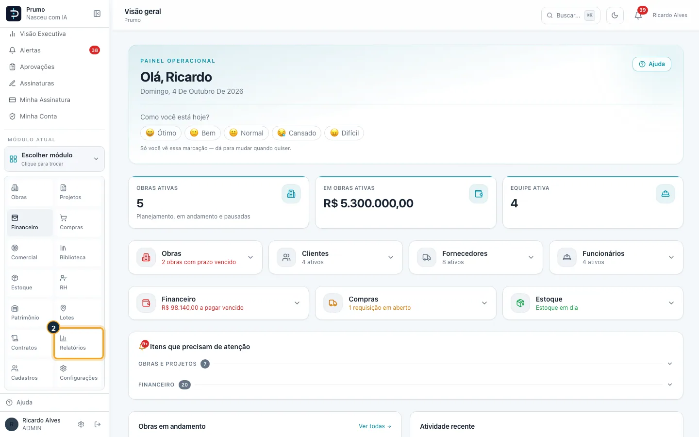 Passo 2 — Na grade de módulos, clique em “Relatórios”.