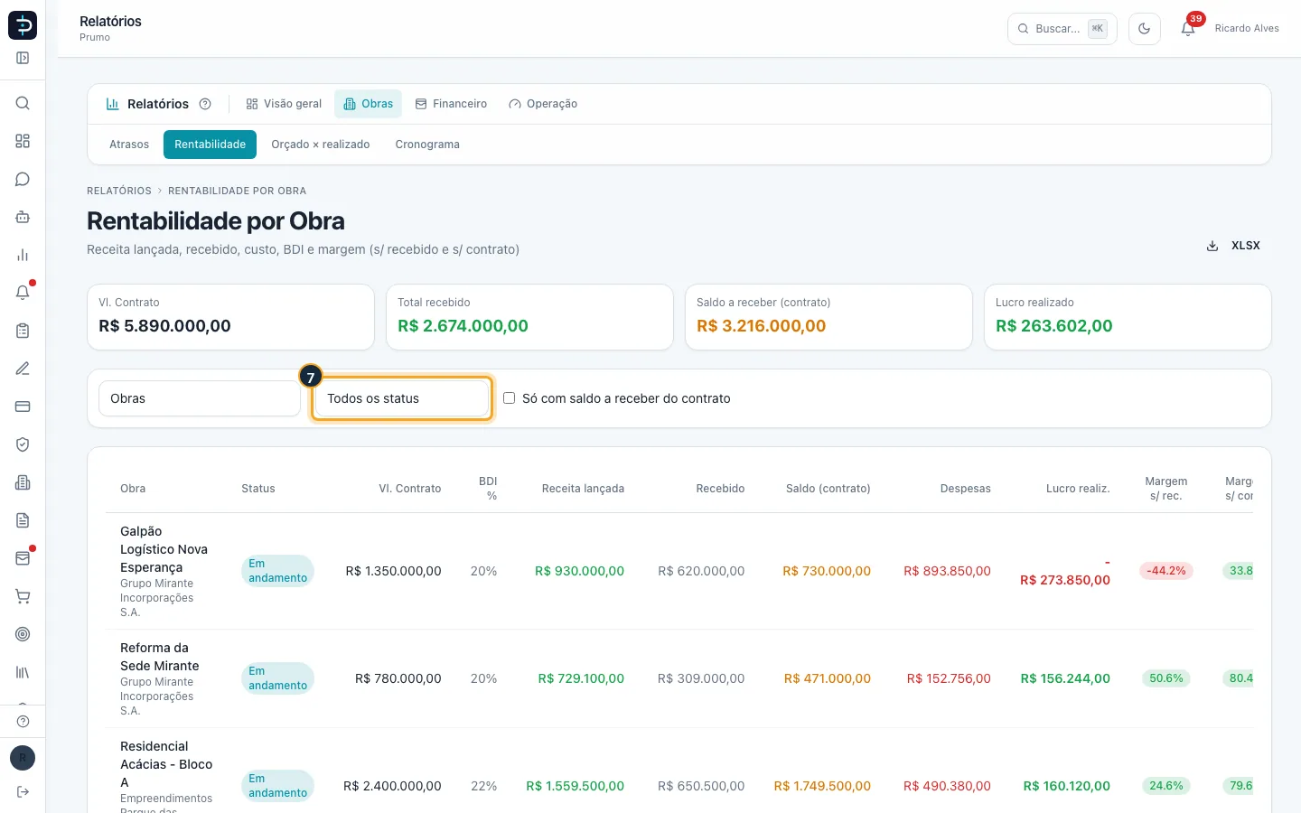 Passo 7 — O segundo filtro escolhe o status. A tela abre em “Em andamento”; aqui foi escolhido “Todos os status”.