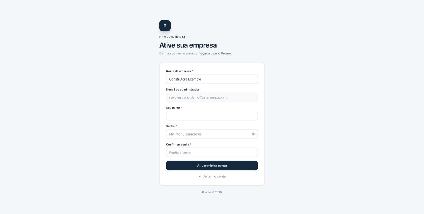 Tela de ativação de conta, com nome da empresa e e-mail pré-preenchidos