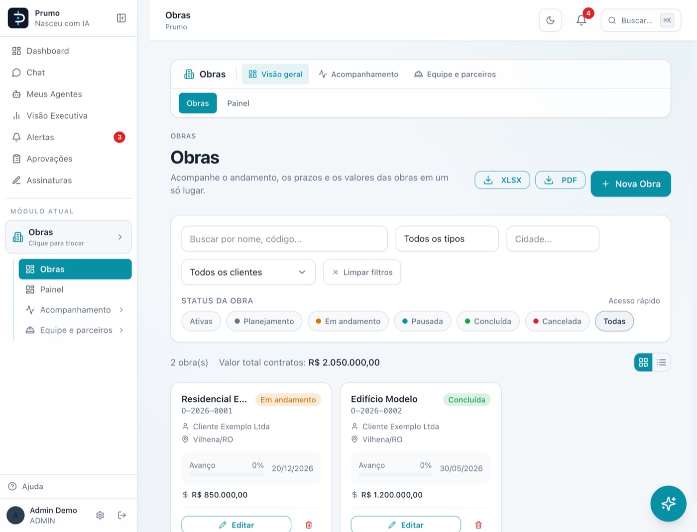 Lista de obras com filtros por status, cliente, tipo e cidade